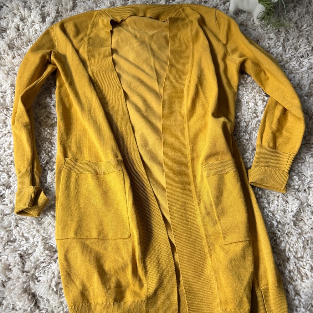 Mustard yellow pocketed long cute elegant Open Front Cardigan - Picture 3 of 6
